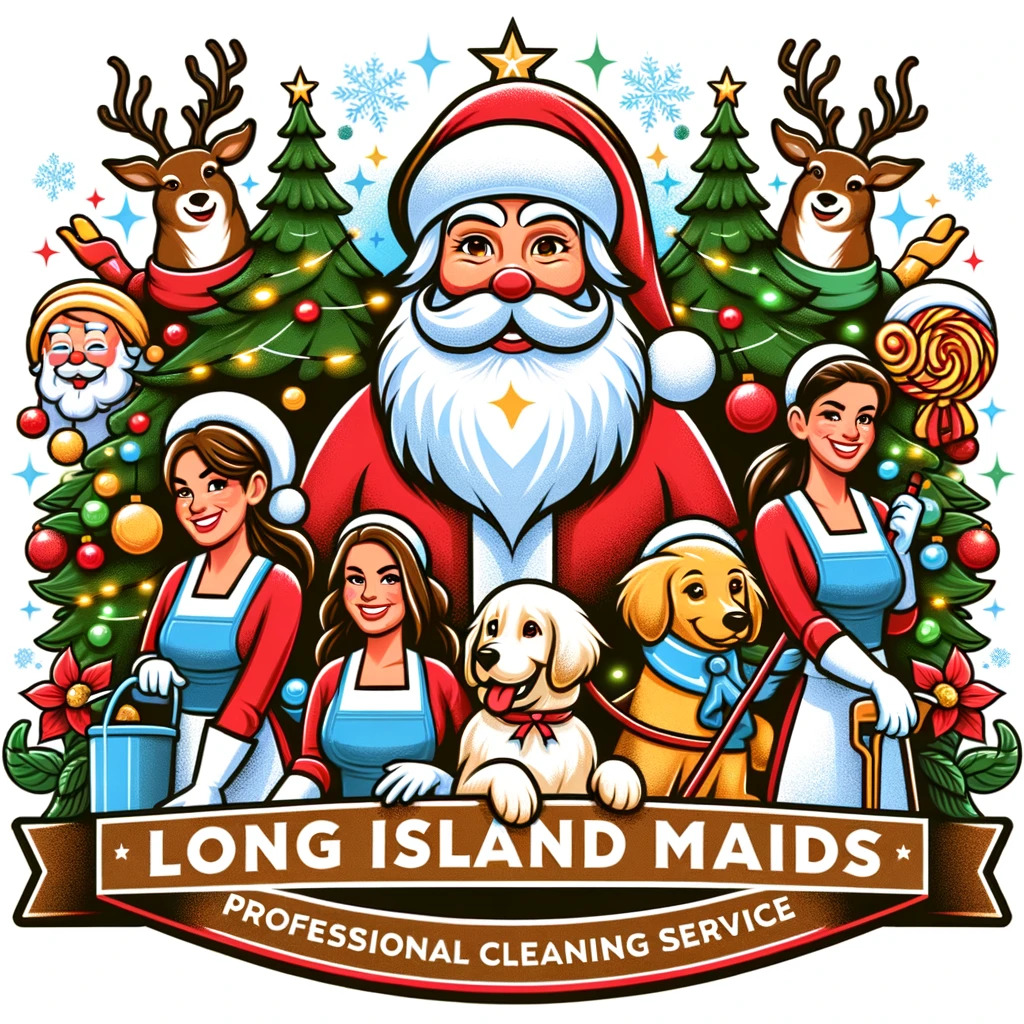 A festive Christmas-themed logo for Long Island Maids Professional Cleaning Service The design includes Christmas trees a jolly male Santa Claus