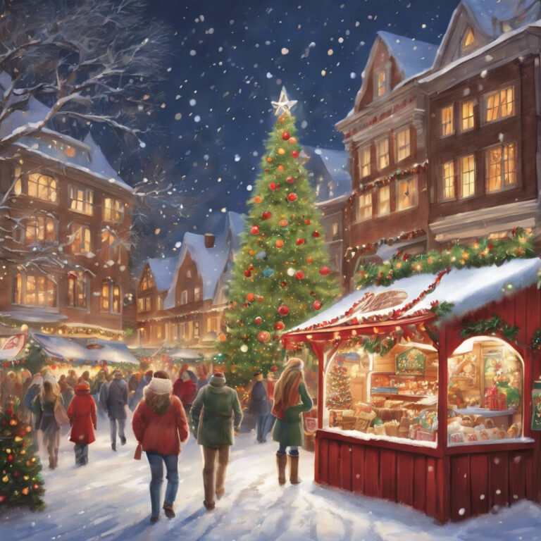 A bustling Christmas market at dusk with snow-covered stalls offering festive treats, under a twinkling light display.