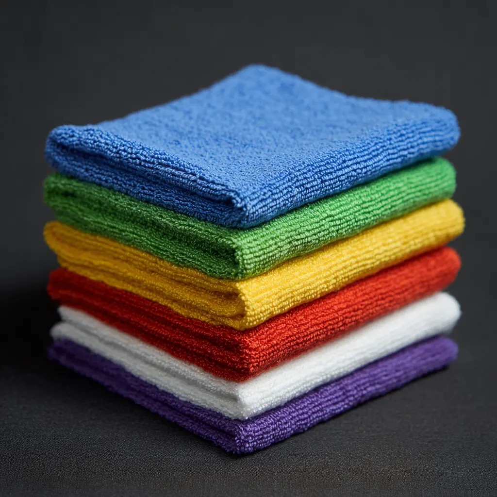 Stack of color-coded microfiber cleaning cloths