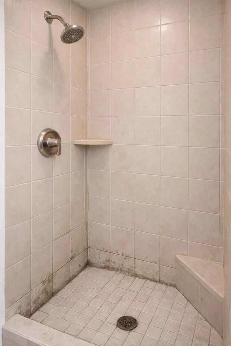 Shower with soap scum before cleaning